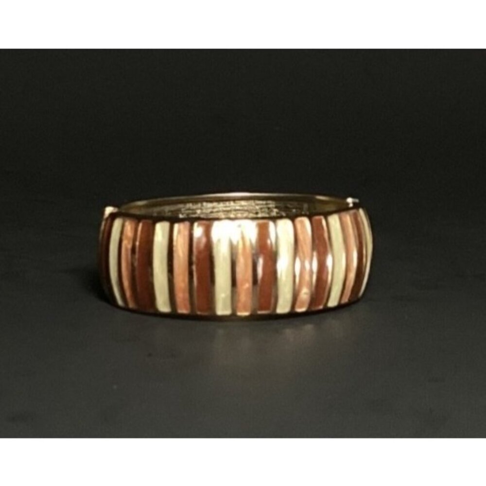 Vintage Copper Rose & Cream Striped Wide Hinged Clamper Bracelet Gold-Toned - Picture 3 of 8